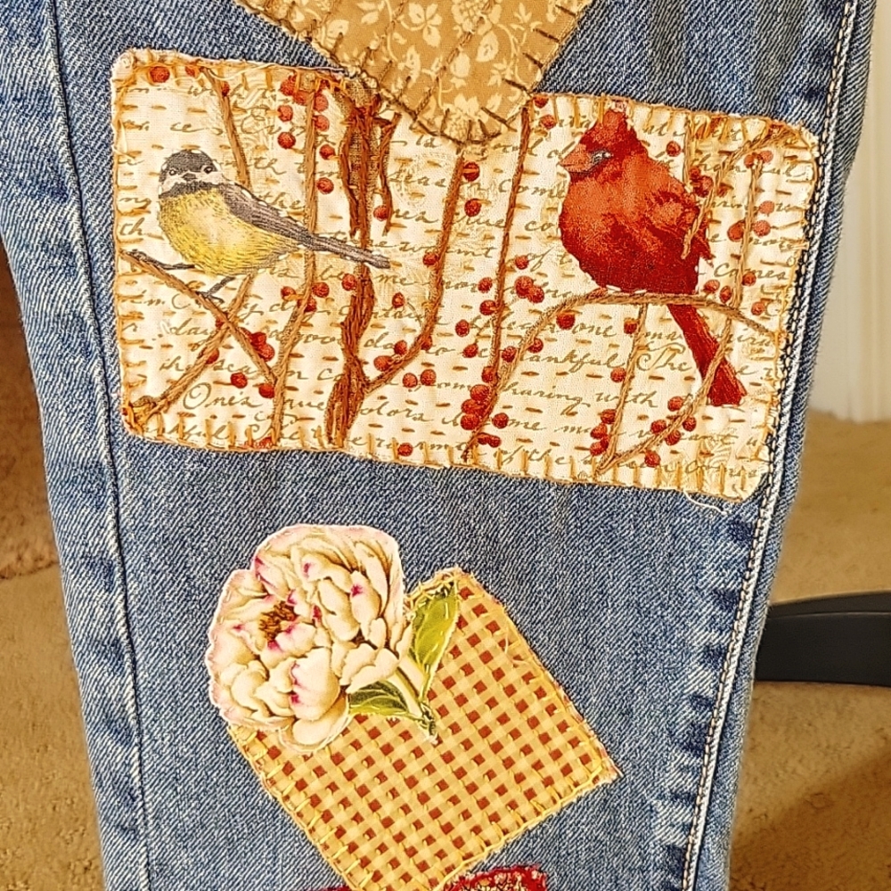 HAND CRAFTED Jeans UPCYCLED Blue Denim Patchwork Bird Floral Applique Size 10 - Picture 14 of 17